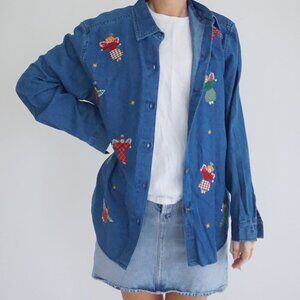 Victoria Jones Blue Embroidered Angel Denim Shirt Festive Holiday Grandmacore L